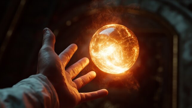 person's hand reaching out towards a glowing light orb generative ai