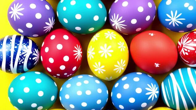 vibrant yellow background features colorful easter scene painted eggs flowers decorative elements vertical composition