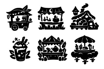 Obraz premium Fantastical Food Icons. Solid vector icons of fantastical food and beverage: elf coffee cart, potion stand, magical bakery,