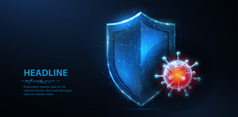 Shield vs virus. Abstract vector 3d shield viral microbe vs blue shield isolated. Computer virus safety, bacterial protection, pandemic fight, medical healthcare, insurance, antivirus firewall concept