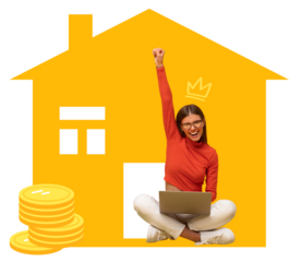 Happy young woman celebrating approved mortgage loan with laptop inside house, home purchase through real estate app