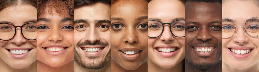 Collage featuring multicultural people smiling faces close-up in row showing diversity