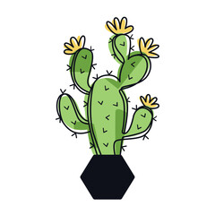 Cactus with small yellow flowers in pot isolated on white background. Decorative botanical illustration for prints, stickers, poster