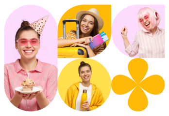 Collage of happy young women enjoying lifestyle moments with travel party and leisure on colorful design
