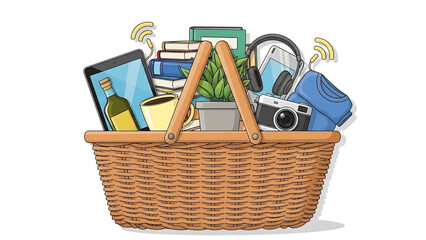 A colorful illustration of a wicker basket filled with various items for a relaxing day outdoors