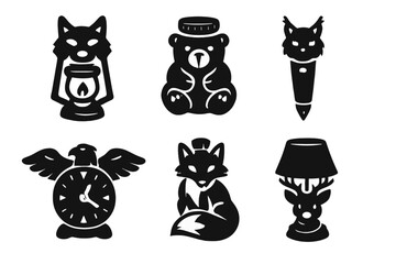 Fototapeta premium Wild Animal Icons. Solid style icons of Wild Animal Objects: wolf lantern, bear jar, lynx pen, eagle clock, fox bottle, deer lamp