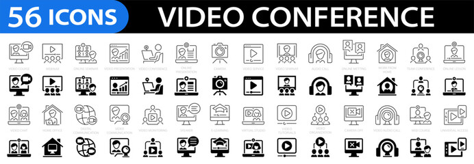 Fototapeta premium Video conference icon set. Group call icons. Seminar teamwork, remote meeting, online meeting, webinar and more. Editable stroke. Vector illustration