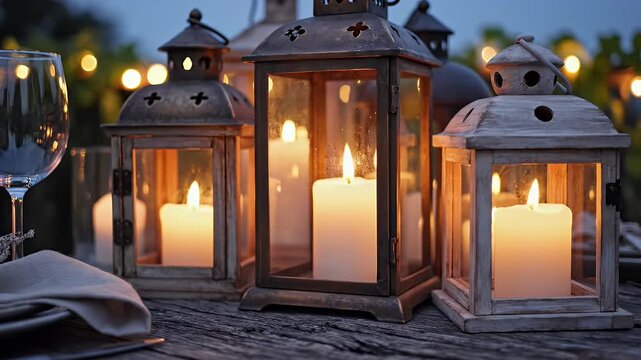 Candlelit Lanterns on Rustic Outdoor Table - The video features several wooden lanterns with lit candles, creating a warm and inviting ambiance on a rustic wooden table.