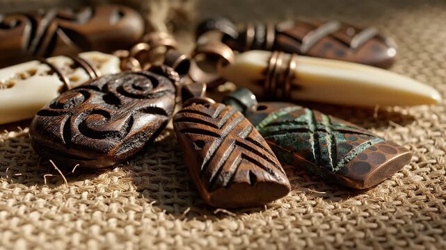 Intricately Carved Wooden Pendants on Burlap - A close-up shot of intricately carved wooden pendants resting on a burlap surface, showcasing various designs and textures.