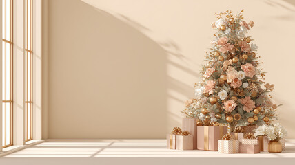 Luxury Christmas tree with rose gold and champagne ornaments, pastel beige background with soft gradient, spacious composition with copy space on the right