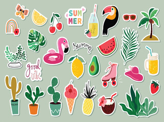 Summer stickers collection vector illustration with assorted seasonal elements and playful icons for social media, messaging apps, stickers packs, digital decoration, branding and graphic design