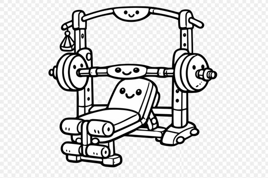 Cute Home Gym Doodle. Doodle-style vector icon of a compact home gym station in bench-press mode, friendly smiling equipment,