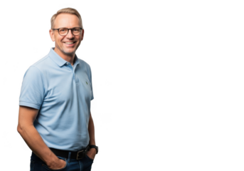 Smiling man with glasses wearing a blue polo shirt isolated on transparent background