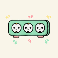 Halftone pop art dot texture green electric power strip with three cute socket faces, vector illustration