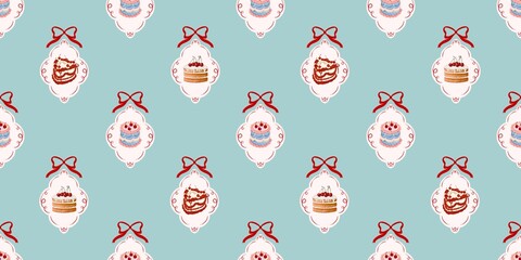 christmas seamless pattern with cake cute vintage with red ribbon Hand drawn illustration on blue background