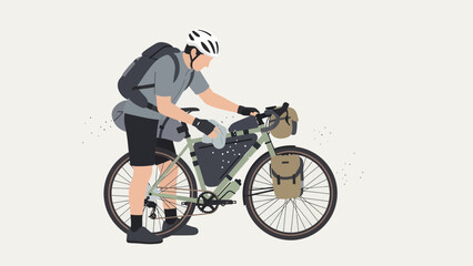 Naklejka premium Cyclist Prepares His Touring Bike With Bag Cleaning Adventure Preparation