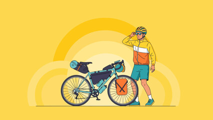 Cyclist Preparing For Adventure With Equipped Bicycle On Sunny Background
