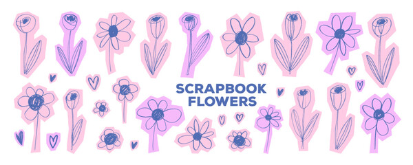 Crayon drawn pink flower scrapbook and collage stickers. Hand drawn folk floral illustration. Cute sprint tulips and chamomiles. Daisy flower scrapbook boho art. Cutout plants, tulips and chalk daisy.