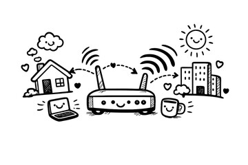 Naklejka premium Hybrid Work Network Hub. Doodle-style vector icon of a hybrid work network hub, router in the center with adaptive signals