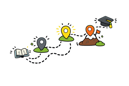 Gamified Learning Map. Doodle-style vector icon of a gamified learning map, checkpoints lighting up as progress is made, cute