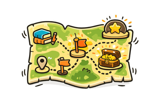 Gamified Learning Map. Doodle-style vector icon of a gamified learning map, checkpoints lighting up as progress is made, cute