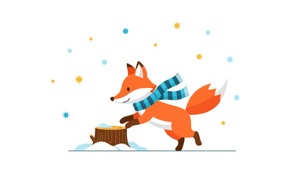 Cute Fox Wearing Scarf Near Stump In Winter Cartoon Illustration