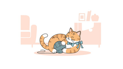 Cute Ginger Kitten Wearing a Bow Playing with a Ball of Yarn at Home