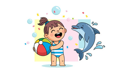 Cute Girl With Beach Ball Enjoying Summer With A Friendly Dolphin Cartoon