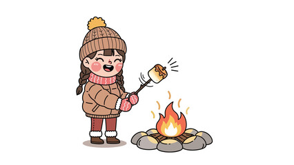 Cute Girl Roasting Marshmallow Over Campfire Winter Illustration Scene With Smiling Face