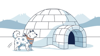 Cute Husky Dog With Scarf Near Snowy Igloo In Arctic Landscape Scene