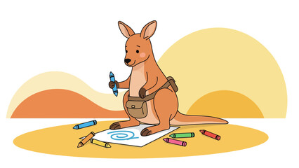 Cute Kangaroo Enjoying A Creative Drawing Session With Colorful Crayons Art Creation