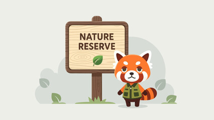 Cute Red Panda Ranger Protecting Nature Reserve Cartoon Illustration