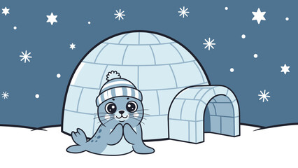 Cute Seal In Hat Near Igloo During Snowy Night Winter Illustration