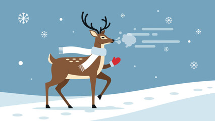 Cute Reindeer Walking Through The Snow Wearing A Scarf And Mittens