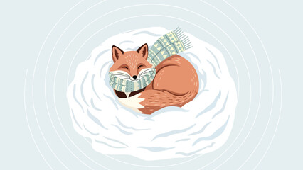 Cute Sleeping Fox Illustration Wearing Scarf In Winter Snow Scene Graphic Resource