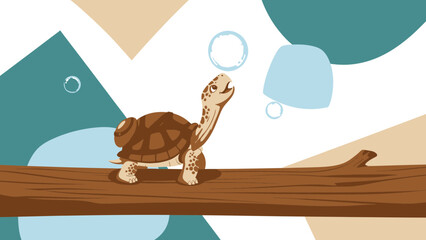 Cute Turtle On A Branch Exploring Bubbles And Geometric Shapes Illustration
