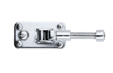 Close-up view of a shiny chrome-plated door catch or cabinet latch mechanism on a white background.