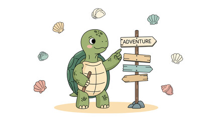 Cute Turtle Traveler Points To Adventure Wooden Signpost With Sea Shells