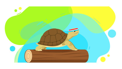 Determined Turtle Exercising on Log with Headband and Abstract Background