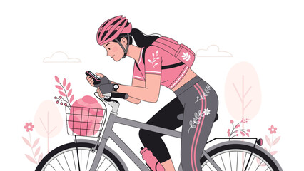 Cyclist Checks Her Phone While Riding Bike Through Park On Beautiful Day