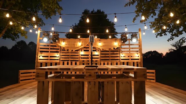 Outdoor Rustic Stage with String Lights - A charming outdoor stage setup featuring a wooden pallet backdrop adorned with warm string lights, creating a cozy ambiance at dusk.