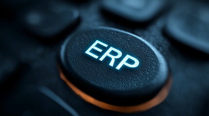 ERP system button glowing on modern keyboard closeup