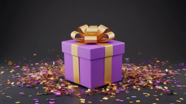 Purple Gift Box with Gold Ribbon Surrounded by Falling Confetti present surprise