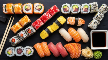 Assorted sushi rolls with raw fish, vegetables, and soy sauce on a dark background.