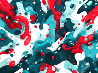 Abstract illustration featuring vibrant red, teal, and white fluid shapes blending together, creating a dynamic and energetic visual composition with a modern artistic flair