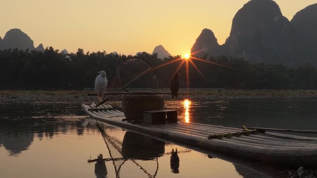 Cormorants on wooden raft in Xingping at Sunset, Yangshuo