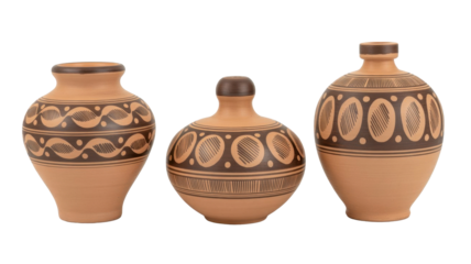 Three Handmade Clay Vases with Ancient Patterns