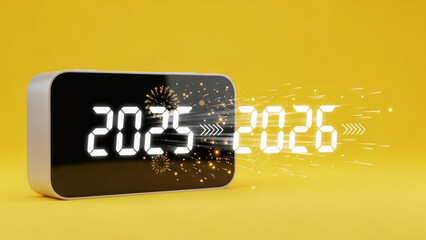 Digital clock showing transition from year 2025 to 2026 with fireworks.