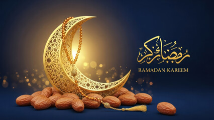 Decorative crescent moon and dates with text for Ramadan celebration.