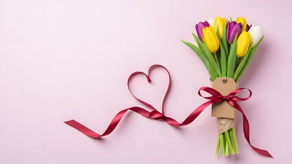 Valentine's day bouquet of colorful tulips with red ribbon and heart shape on pink background for lovers